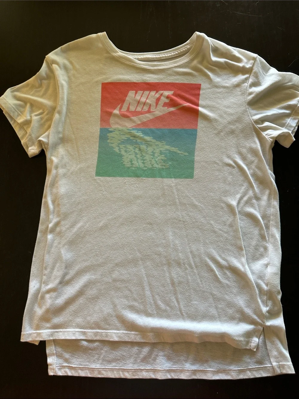 Nike White Tee with Red and Teal Block Graphic